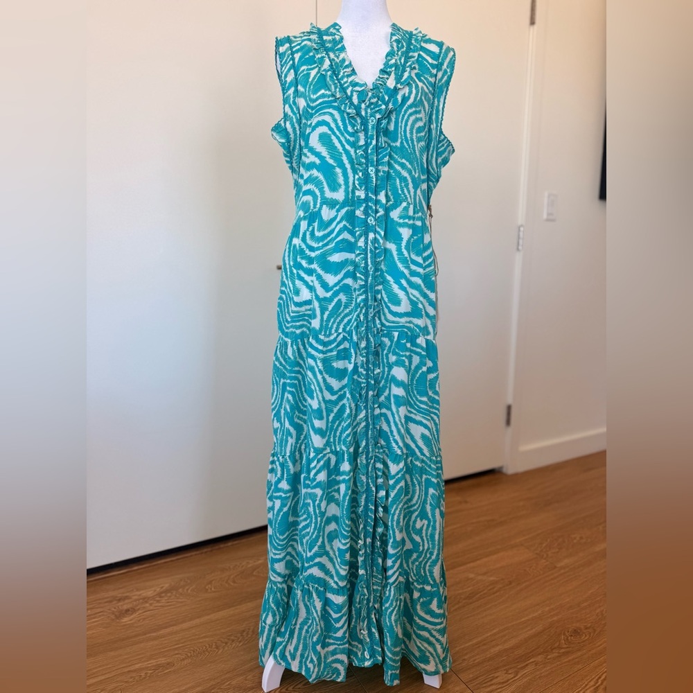 Sleeveless Teal and White Maxi Dress